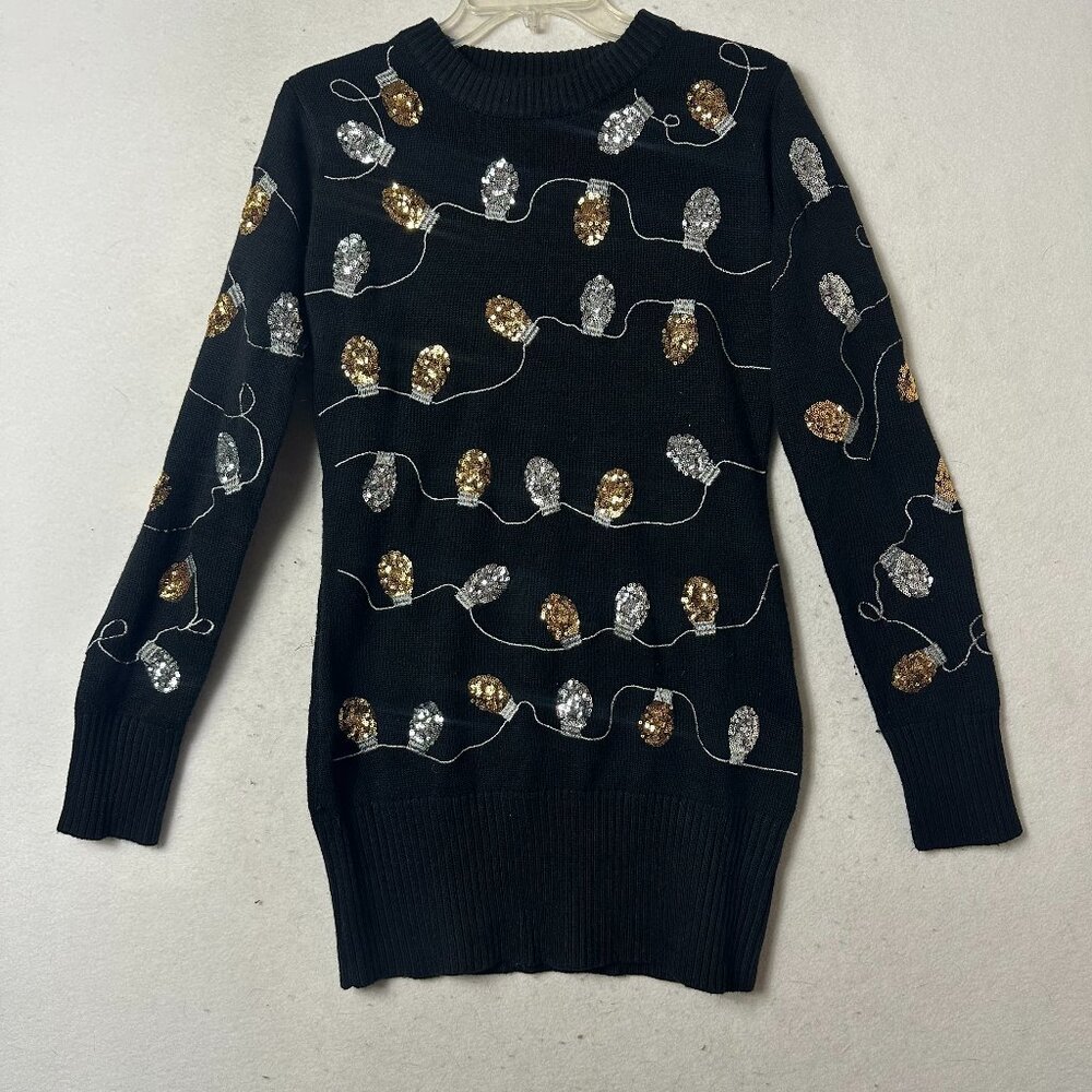 Tipsy Elves CHRISTMAS LIGHT STRAND‎ SEQUIN SWEATER DRESS - Size Small black gold